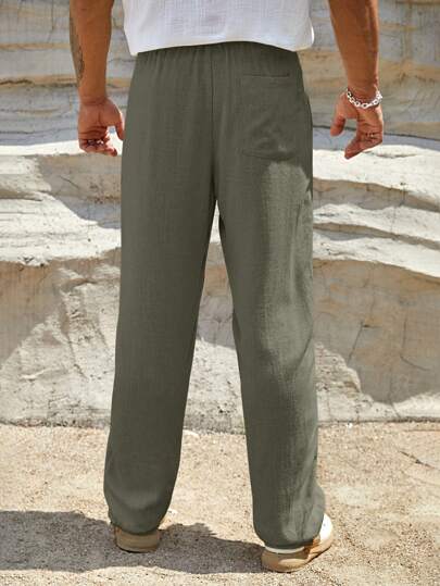 HIMLAND بنطلون عارضة بنمط جيوب حزام الرباط الجيب لون سادة