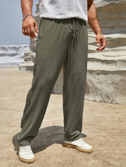 HIMLAND بنطلون عارضة بنمط جيوب حزام الرباط الجيب لون سادة