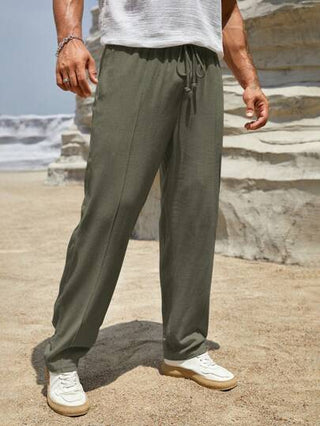 HIMLAND بنطلون عارضة بنمط جيوب حزام الرباط الجيب لون سادة