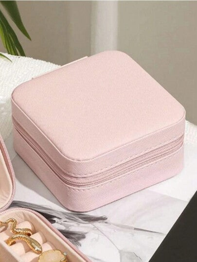 ROMWE صندوق مجوهرات قابل للحمل بسحاب بلون سادة وأجزاء منقسمة، صندوق تخزين