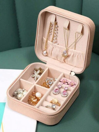 ROMWE صندوق مجوهرات قابل للحمل بسحاب بلون سادة وأجزاء منقسمة، صندوق تخزين