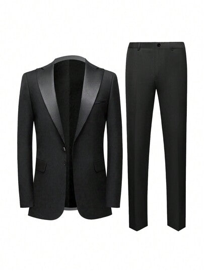 بدلة أعمال رجالية عادية 2 قطعة، بليزر أسود مزين بشريط فضي وبنطلون