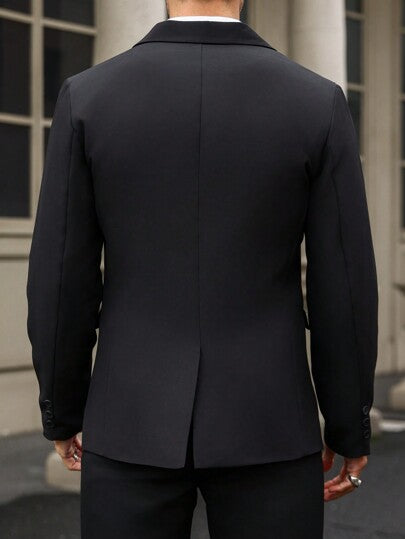 Manfinity Mode جاكيت بدلة رجالي بأزرار بلون سادة بأكمام طويلة، مناسب لفصلي الربيع والصيف