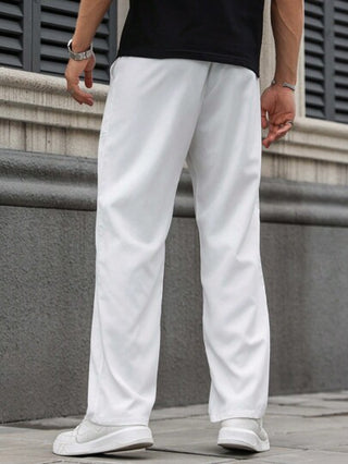 Manfinity Homme بنطلونات رجالية ذات خصر بسير قابل للشد، خصر واسع، لون أبيض عادي طويل ضيق الساق، ملابس كاجوال، هدايا للزوج والحبيب