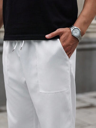 Manfinity Homme بنطلونات رجالية ذات خصر بسير قابل للشد، خصر واسع، لون أبيض عادي طويل ضيق الساق، ملابس كاجوال، هدايا للزوج والحبيب