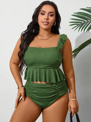 Swim Lushoire مجموعة بيكيني بحافة مكشكشة ولون سادة مناسبة للنساء بحجم زائد للصيف والشاطئ والإرتداء اليومي