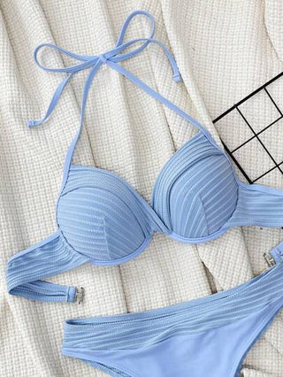 Swim Vcay مجموعة بكيني للنساء ذات لون أزرق صلب، ذو ربطة عنق مربوطة للأعلى، مع حمالة دفع للأعلى ومقاس عالى، مناسب للاستخدام في صيف عطلات الشاطئ