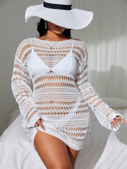 Swim Vcay فستان مغطى للنساء من مقاس بلس موضة الصيف مثقوب المظهر المربع محبوك للشاطئ