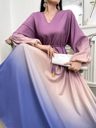 Mulvari فستان نسائي بأكمام طويلة بتدرجات اللون الأنيقة