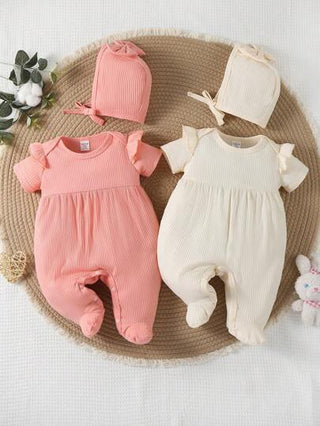 SHEIN بطّة قصيرة الأكمام ذات الرقبة الدائرية والحذاء لطفلة، لون صافٍ ومجموعة من 2، تناسب منزلي عادي مع غطاء رأس