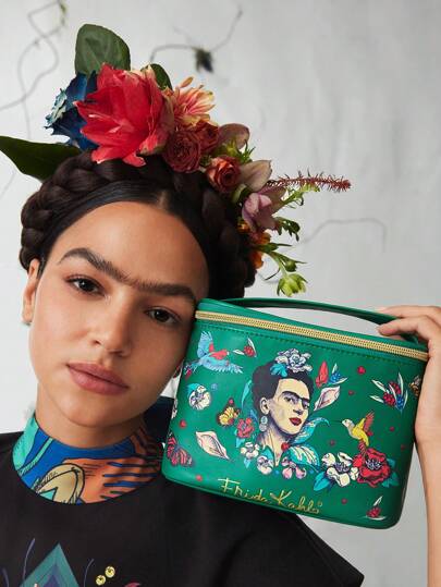 Frida Kahlo X  حقيبة مستحضرات تجميل مربعة مطبوع عليها رسومات نباتية وزهرية، هدايا