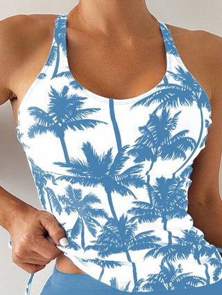 طقم تانكيني حريمي Swim مجموعة تانكيني صيفية للمرأة شاملة على ملابس علوية توب بطباعة نباتية حلقة الرقبة وسروال سباحة بلون أحادي