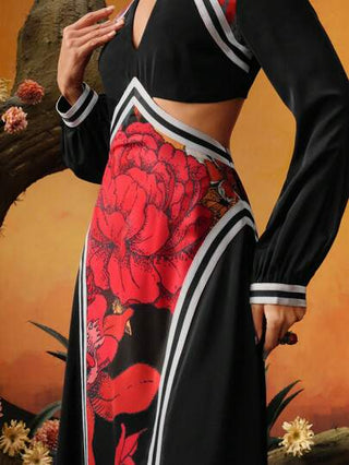 Frida Kahlo X X Designer ISELACOS فستان بخط A ذو رقبة تقليب مطبوع بطبعات زهور مع حزام خصر كاشف وحاشية منسدلة، من تصميم مبتكر لمناسبات المهرجانات