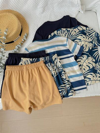 قمصان قصيرة أكمام شريطية وأوراق شابة للرجال (6 قطع) مع شورت بخصر مطاطي، ملابس عطلة