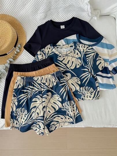 قمصان قصيرة أكمام شريطية وأوراق شابة للرجال (6 قطع) مع شورت بخصر مطاطي، ملابس عطلة