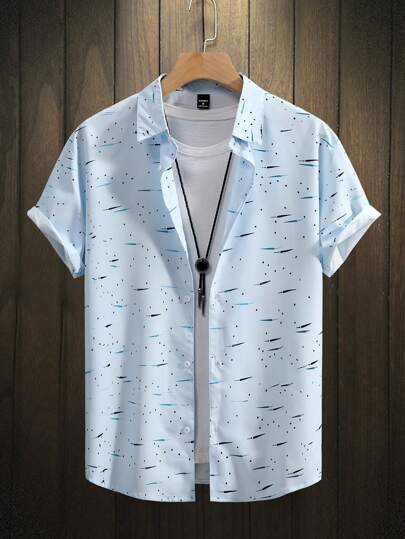 Manfinity Homme قميص قصير الأكمام بطبعة كاملة للرجال لقضاء العطلات على الشاطئ