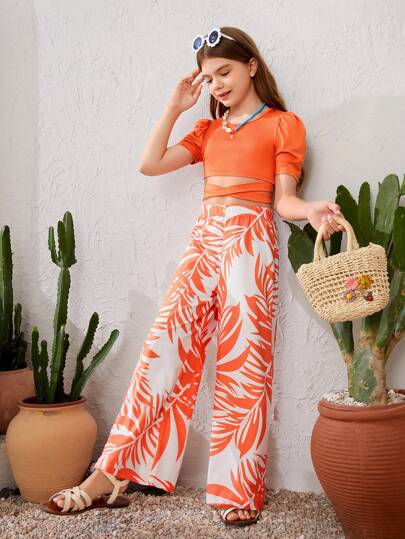 تيشيرتات بناتي Lunivi بدلتان للفتاة مراهقة، تيشرت بقصة دائرية بأكمام قصيرة بلون سادة وبنطال بنمط عطلة بطبعات (ربيع/صيف)