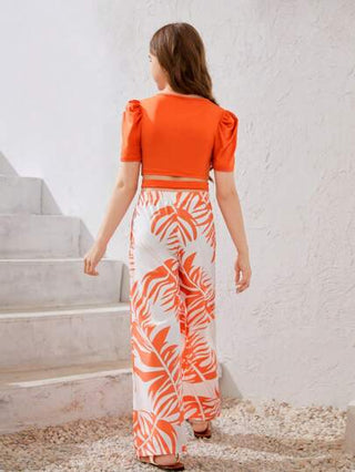 تيشيرتات بناتي Lunivi بدلتان للفتاة مراهقة، تيشرت بقصة دائرية بأكمام قصيرة بلون سادة وبنطال بنمط عطلة بطبعات (ربيع/صيف)