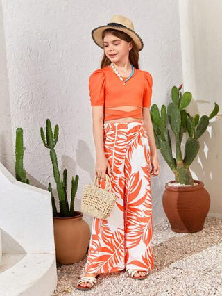 تيشيرتات بناتي Lunivi بدلتان للفتاة مراهقة، تيشرت بقصة دائرية بأكمام قصيرة بلون سادة وبنطال بنمط عطلة بطبعات (ربيع/صيف)