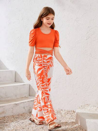 تيشيرتات بناتي Lunivi بدلتان للفتاة مراهقة، تيشرت بقصة دائرية بأكمام قصيرة بلون سادة وبنطال بنمط عطلة بطبعات (ربيع/صيف)