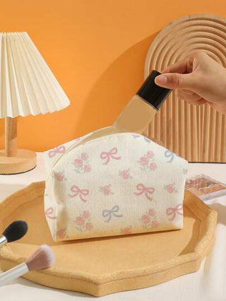 ROMWE Kawaii حقيبة تجميل مخملية ثمانية الأضلاع بعقدة ونمط زهرة