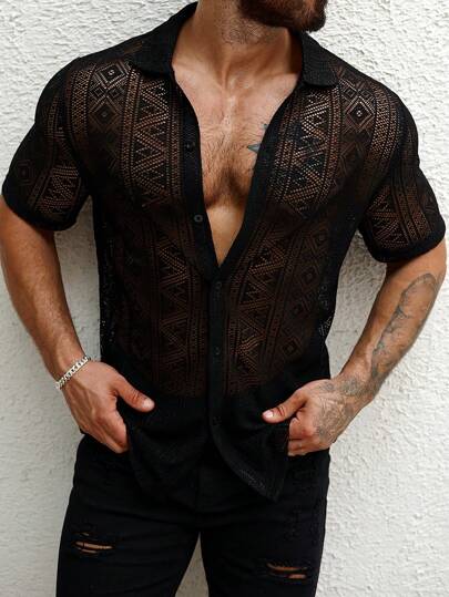 قميص كاجوال للصيف للرجال بأكمام قصيرة ونمط عشوائي مفرغ بنمط زهري