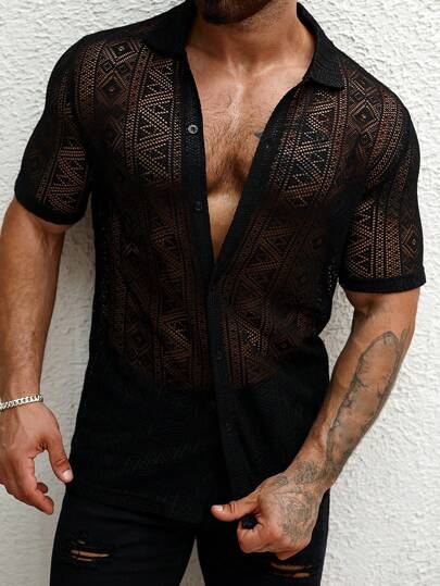 قميص كاجوال للصيف للرجال بأكمام قصيرة ونمط عشوائي مفرغ بنمط زهري