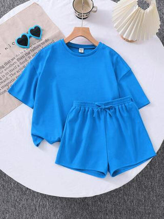 girls-sets تي شيرت بأكمام قصيرة وشورتات بقصة واسعة من اللون الأحادي لفتيات المراهقات من LMoss، طقم ملابس كاجوال