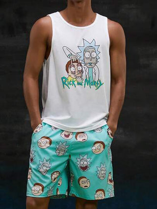 Rick and Morty X SHEIN طقم رجالي للمنزل عاري الذراعين وسروال قصير بطباعة حرف وشخصية كارتونية