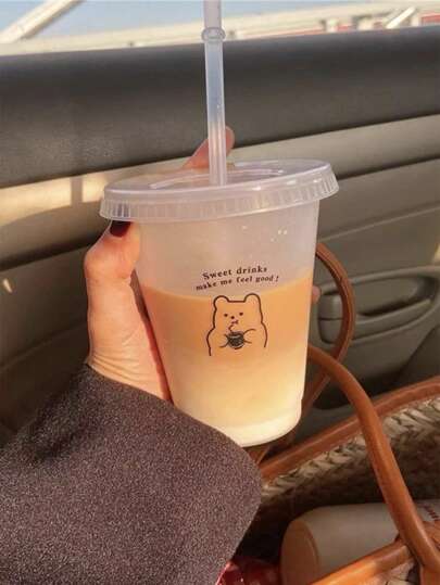 كأس قهوة بلاستيكي من البولي بروبيلين 470/700 مل، كوب شرب قابل للحمل بقش كرتوني، كوب قهوة مثلجة/أمريكانو، زوج من زجاجات المياه