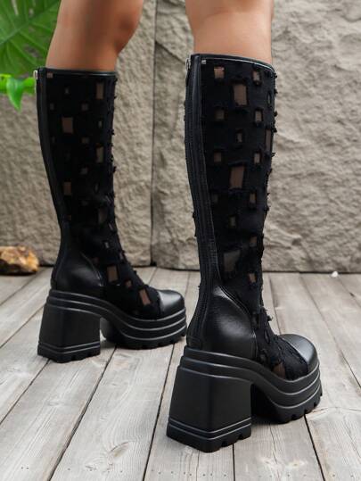 بوت كاجوال نسائي مسامي تنفس كعب عالي سميك النعل أسود عصري بأسلوب الكاوبوي، بوت فوق الركبة سوداء، بوت عالية القمة سوداء بوت صيفي بارد