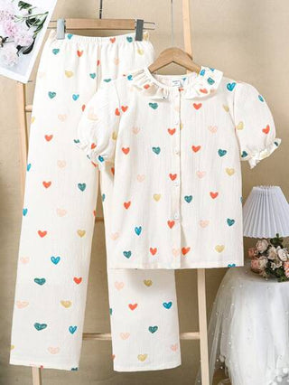 بيجاما Vintaside Kids مجموعة ملابس منزلية عريضة وعارضة للفتيات مراهقات بأكمام قصيرة وسروال طويل بلون الخوخ مع نمط مطبوع بسيط وقلب ملون