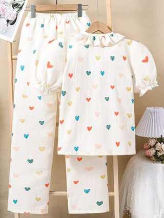 بيجاما Vintaside Kids مجموعة ملابس منزلية عريضة وعارضة للفتيات مراهقات بأكمام قصيرة وسروال طويل بلون الخوخ مع نمط مطبوع بسيط وقلب ملون