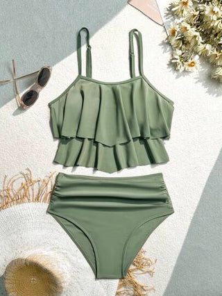 طقم تانكيني حريمي Swim تانكيني بألوان صلبة ذو جانب بتأثير الطية الموجود في الأعلى للاستخدام في العطلات على الشاطئ