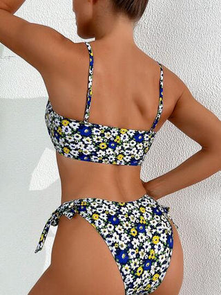 Swim طقم بيكيني طباعة صغيرة للنساء للصيف مع بطانة مثلثة مربوطة للشاطئ والاصطياف (طباعة عشوائية)