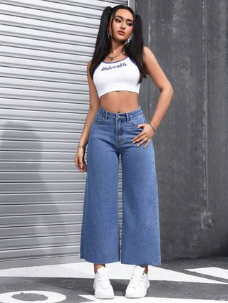 EZwear بنطلون جينز نسائي فضفاض عريض مريح مع جيوب