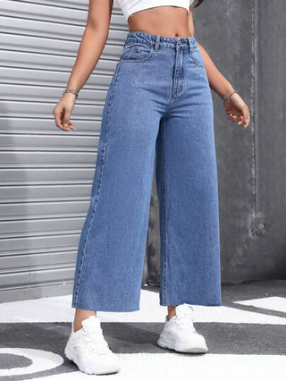 EZwear بنطلون جينز نسائي فضفاض عريض مريح مع جيوب