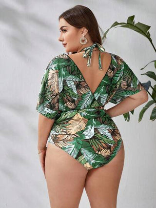 Swim Lushoire مايوه قطعة واحدة بأكمام قصيرة طيور ليلية مطبوعة بنمط النباتات الاستوائية لعطلة الصيف على الشاطئ مقاس زائد