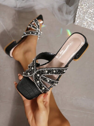 صنادل أنيقة للسيدات ذات سلاسل زجاجية متعددة الألوان لامعة وزخرفة من الراين، كعب سميك مريح وواسع، صنادل انزلاقية للحفلات والاستخدام اليومي