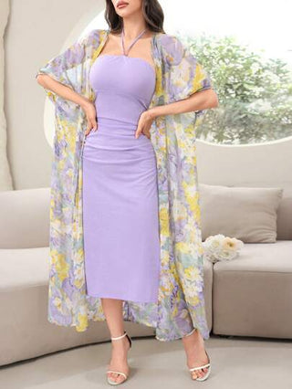 طقم حريمي قطعتين Modelyn مجموعة ملابس نسائية كاردجان وفستان حللر ضيق ذو طبعة زهور مناسب للصيف ، مكونة من قطعتين ملابس أنيقة