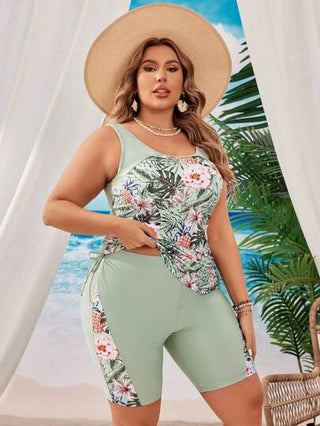 Swim Lushoire مجموعة تانكيني بربطة جانبية طباعة نباتية استوائية متباينة للسيدات بمقاس كبير لإجازة صيفية على الشاطئ
