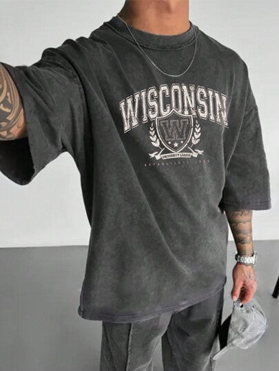 بلوزة رجالية كاجوال قديمة بياقة مستديرة مطبوعة بتصميم بسيط