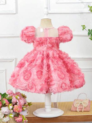 SHEIN Glamorique Kids فستان حفلة أطفال الأناث بأكمام منتفخة وردية بخامة مزخرفة بأزهار
