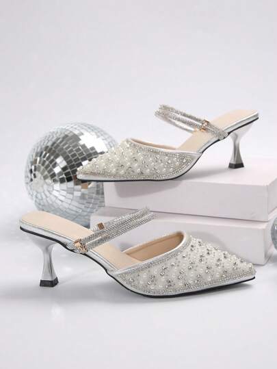 كريستال والشبه لؤلؤي بنمط كوري هادئ أحذية كعب عالي مدبب الأصبع، للخريف والربيع، مزين بماس، مناسب للسيدات لارتداء في المكتب والحفلات