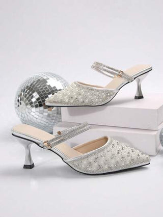 كريستال والشبه لؤلؤي بنمط كوري هادئ أحذية كعب عالي مدبب الأصبع، للخريف والربيع، مزين بماس، مناسب للسيدات لارتداء في المكتب والحفلات