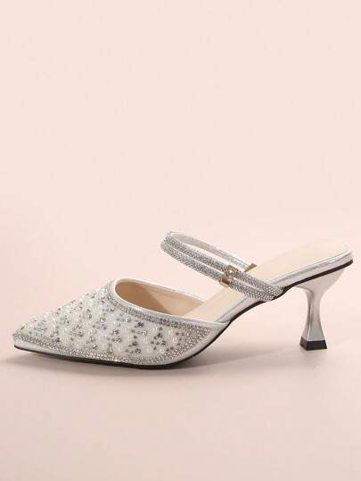 كريستال والشبه لؤلؤي بنمط كوري هادئ أحذية كعب عالي مدبب الأصبع، للخريف والربيع، مزين بماس، مناسب للسيدات لارتداء في المكتب والحفلات