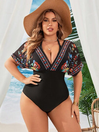 Swim Lushoire بدلة سباحة مطبوعة بأزهار للنساء بمقاسات كبيرة ظهر مكشوف بحزام للصيف على الشاطئ