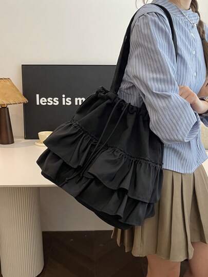 حقيبة تسوق أنيقة للنساء مزينة بالدانتيل والتجاعيد مع سحاب، طراز كاجوال مناسب للعطلات والموضة اليابانية