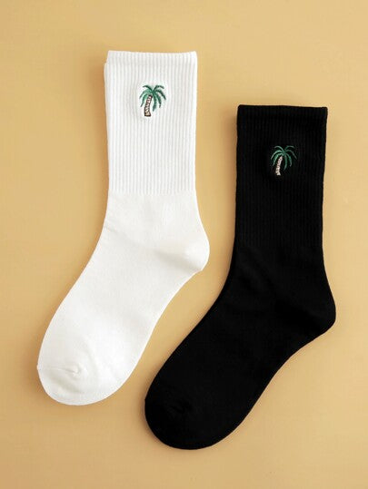 زوجان من جوارب رجالية برسومات الأشجار المطرزة الأساسية تصل إلى منتصف الساق، باللونين الأبيض والأسود، مناسبة لجميع الفصول، ومقاسات الرجال الأوروبية والأمريكية، مريحة ومسامية ودائمة، مناسبة للارتداء اليومي، ستايل الزوجين، مصنوعة من مواد عالية الجودة