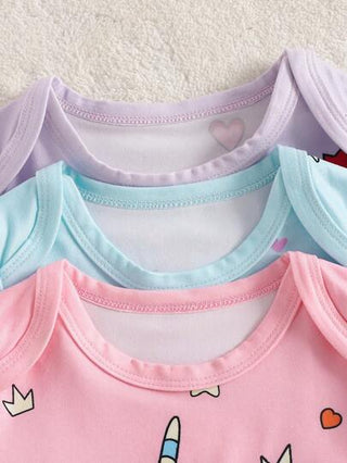 SHEIN 3 قطع من الأطفال تصميم كرتوني يونيكورن للبنات بأكمام طويلة و رومبر من الصوف الناعم والمريح للمنزل